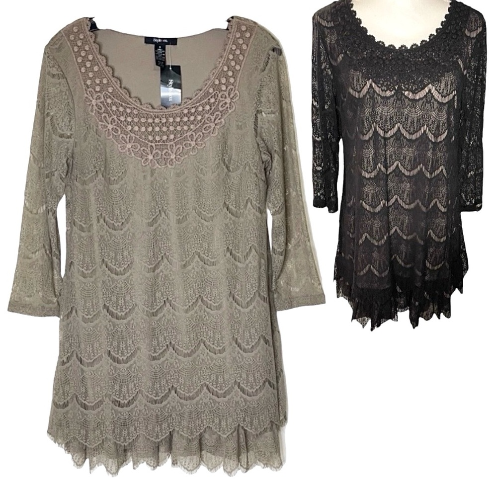 Style & Co Lace Overlay Ruffle Hem Long Sleeve Mini Dress Tan S Cocktail Party - Picture 14 of 15